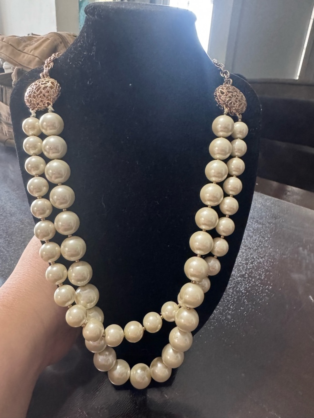 Art Deco Opera Necklace Charter Club Glass Faux Pearl Floral Filigree 2 Strand